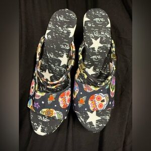 Colorful Skull Print Women's Sandals Sz 38 ECU Day of The Dead Heels Shoes
